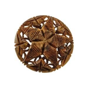 Vintage Olive Wood Carved Bethlehem Star Brooch, 2" Diameter